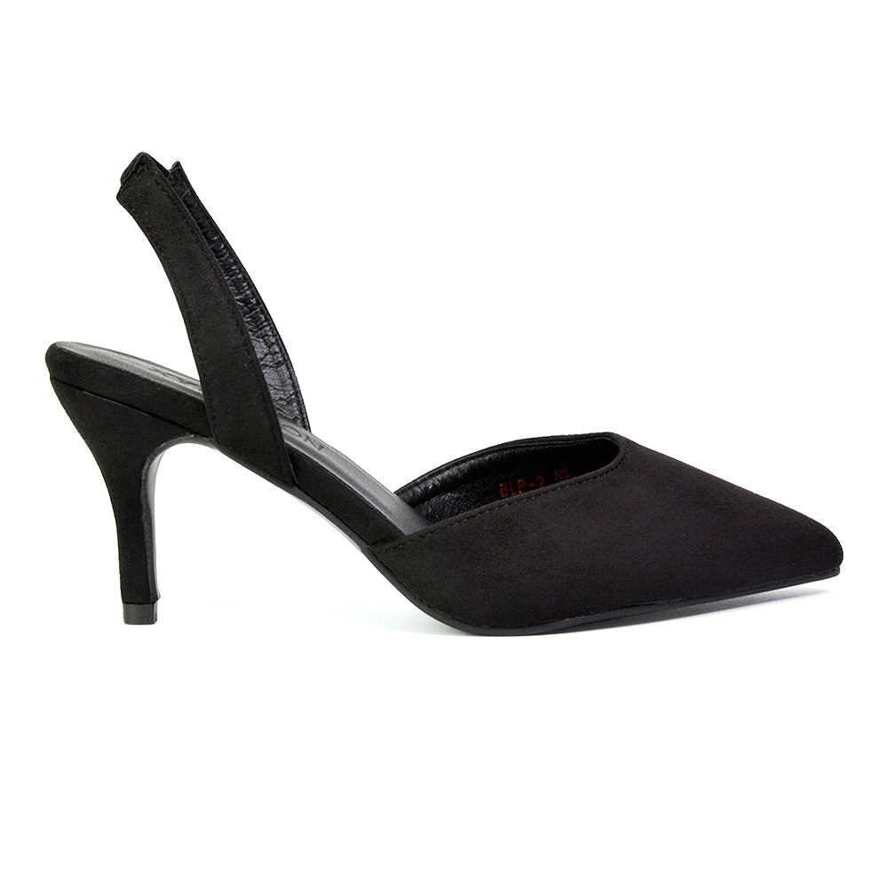 Imogen Pointed Toe Sling Back Stiletto Mid Heel Court Shoes in Black