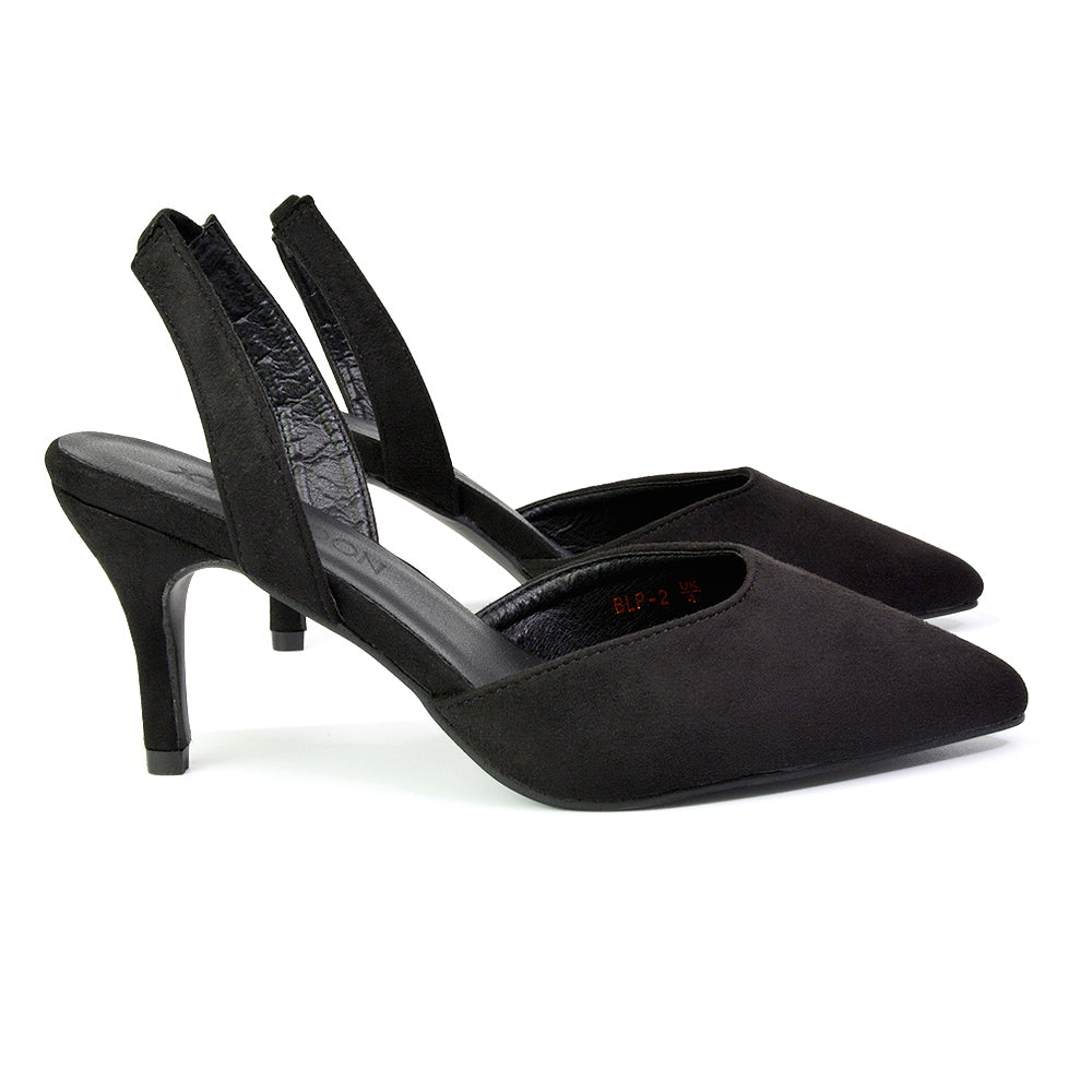 Imogen Pointed Toe Sling Back Stiletto Mid Heel Court Shoes in Black