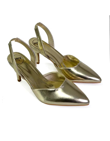 Imogen Pointed Toe Sling Back Stiletto Mid Heel Court Shoes in Gold