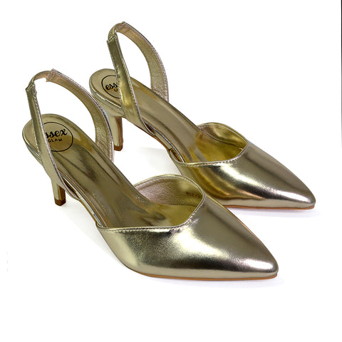 Imogen Pointed Toe Sling Back Stiletto Mid Heel Court Shoes in Gold