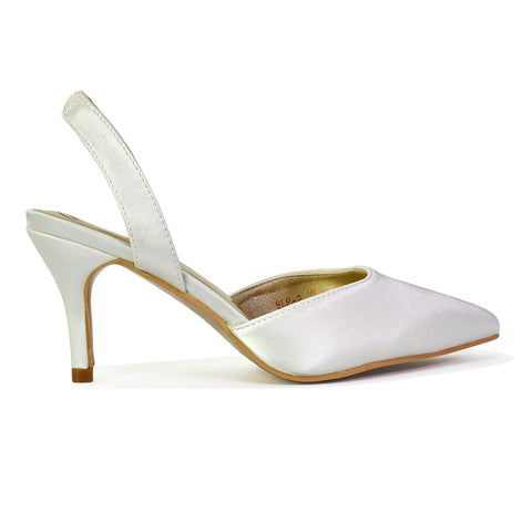 Imogen Pointed Toe Sling Back Stiletto Mid Heel Court Shoes in  Ivory