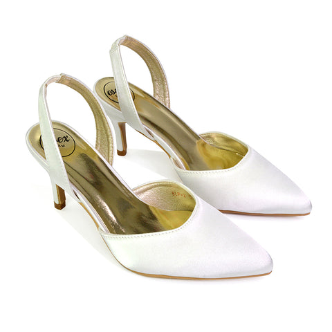 Imogen Pointed Toe Sling Back Stiletto Mid Heel Court Shoes in  Ivory