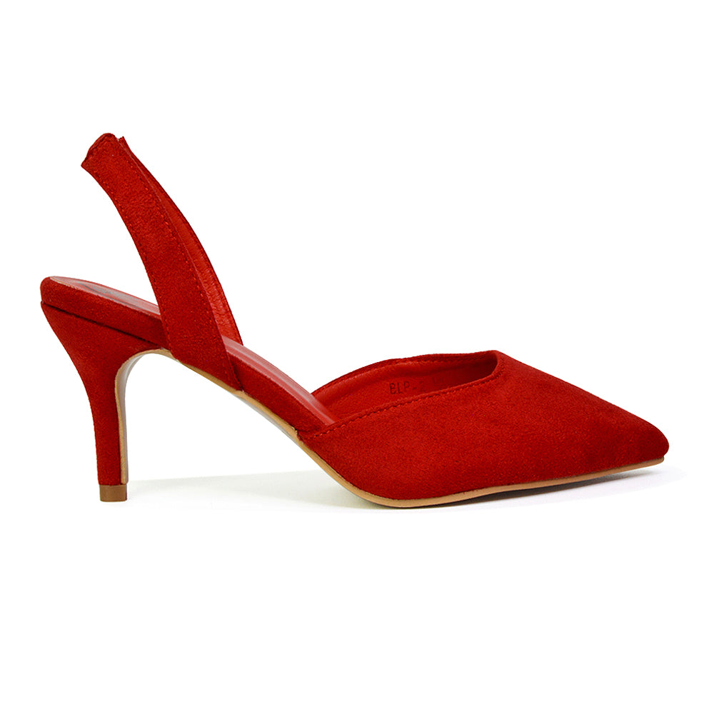 Imogen Pointed Toe Sling Back Stiletto Mid Heel Court Shoes in Red