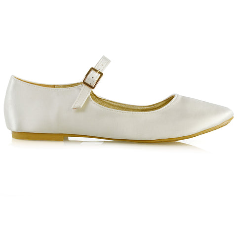 Nellie Ballerina Pump over the Foot Buckle up Strap Wedding Flat Bridal Shoes in White Satin