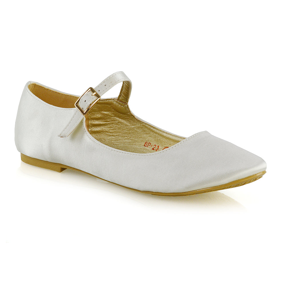 Nellie Ballerina Pump over the Foot Buckle up Strap Wedding Flat Bridal Shoes in White Satin