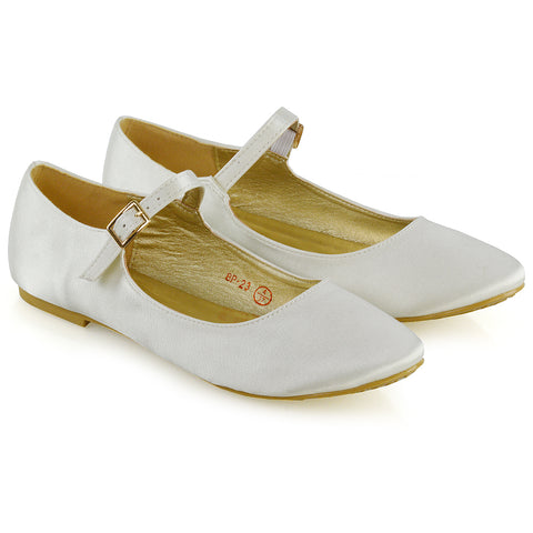 Nellie Ballerina Pump over the Foot Buckle up Strap Wedding Flat Bridal Shoes in White Satin