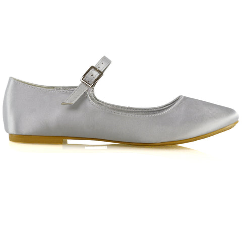 Nellie Ballerina Pump over the Foot Buckle up Strap Wedding Flat Bridal Shoes in White Satin