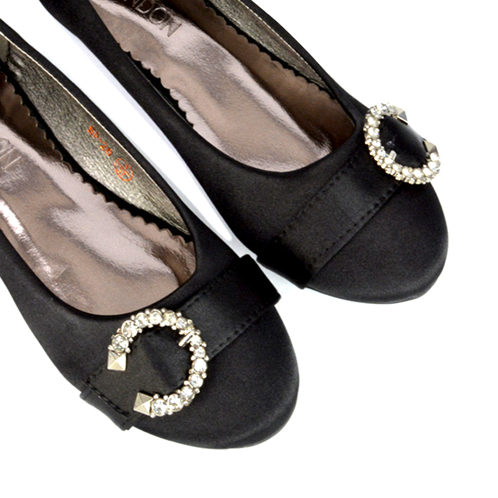 Ferne Diamante Broach Detail Flat Ballerina Bridal Pump Shoes in Silver Satin