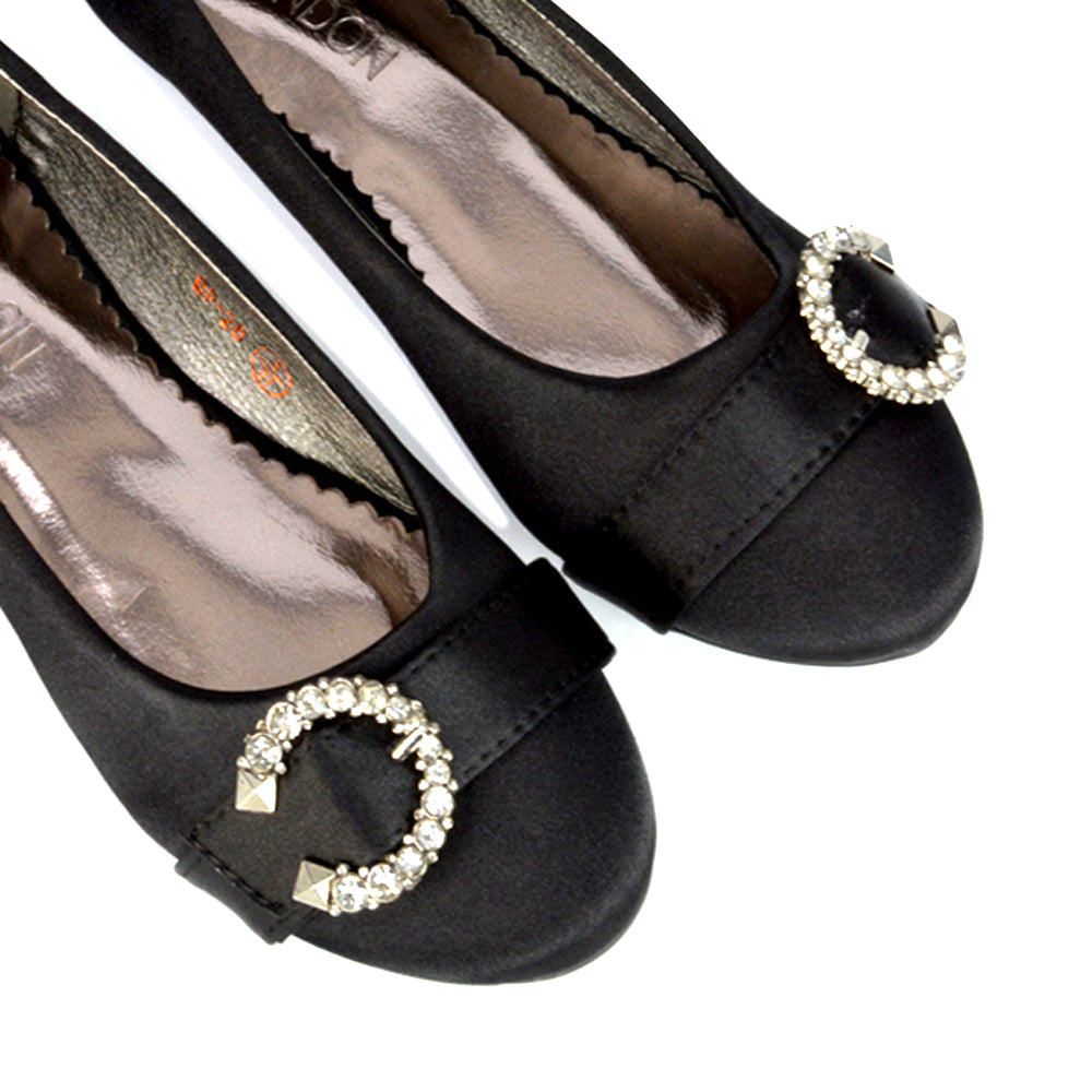 Ferne Diamante Broach Detail Flat Ballerina Bridal Pump Shoes in Black Satin