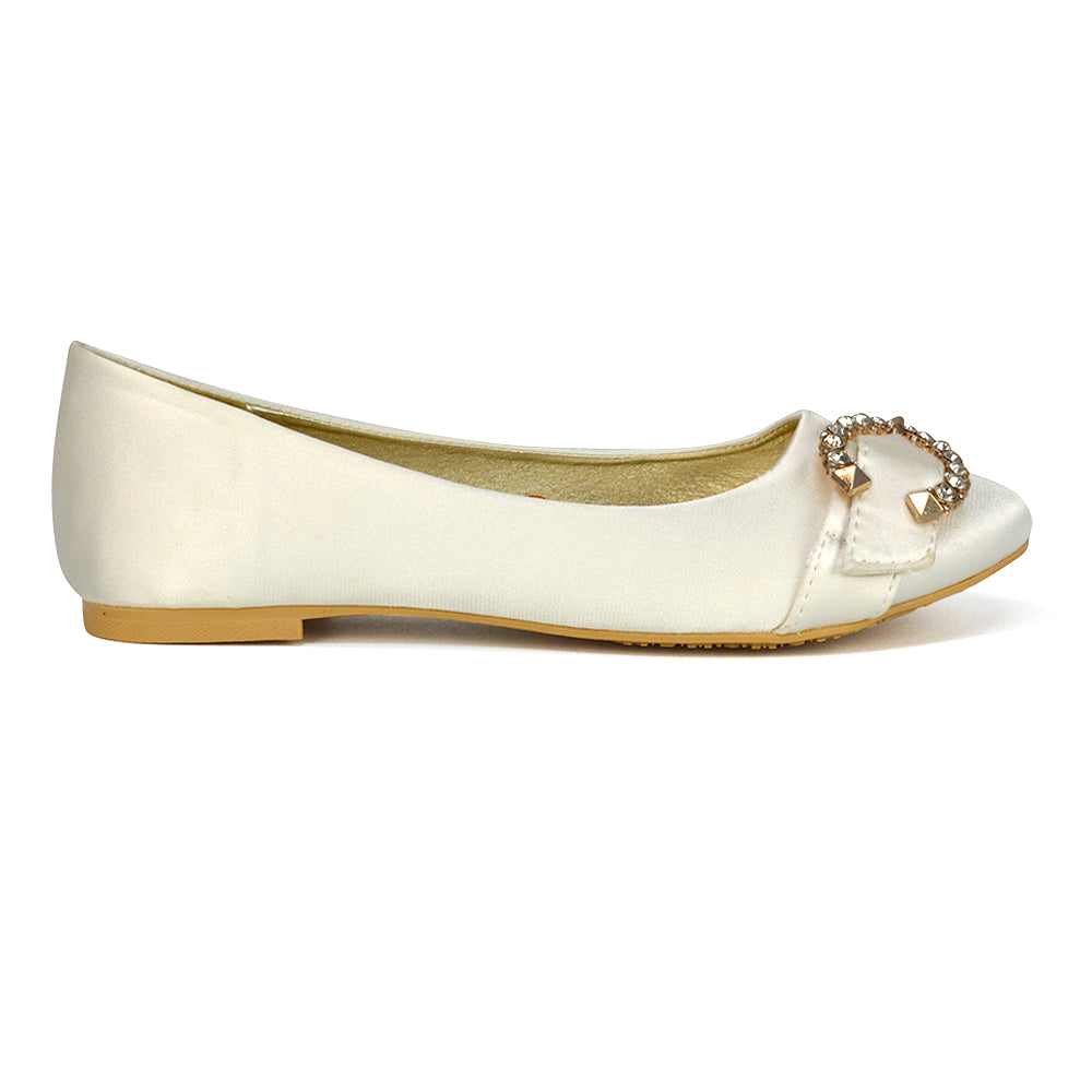 Ferne Diamante Broach Detail Flat Ballerina Bridal Pump Shoes in Ivory Satin