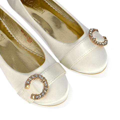 Ferne Diamante Broach Detail Flat Ballerina Bridal Pump Shoes in Silver Satin