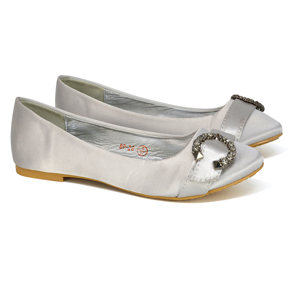 Ferne Diamante Broach Detail Flat Ballerina Bridal Pump Shoes in White Satin