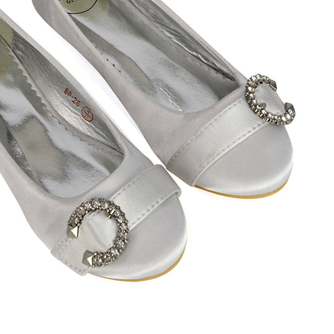 Ferne Diamante Broach Detail Flat Ballerina Bridal Pump Shoes in Silver Satin