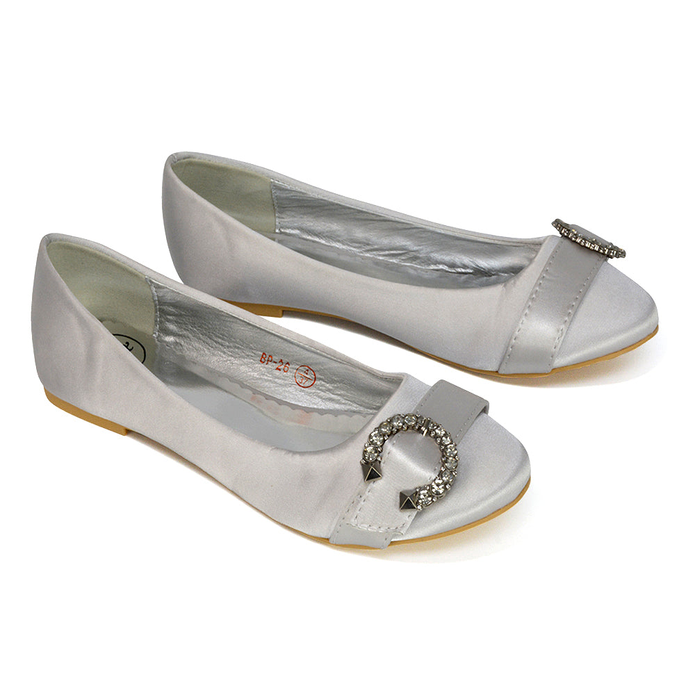 Ferne Diamante Broach Detail Flat Ballerina Bridal Pump Shoes in Silver Satin