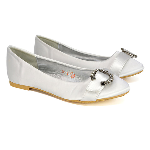 Ferne Diamante Broach Detail Flat Ballerina Bridal Pump Shoes in White Satin