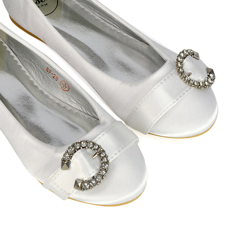 Ferne Diamante Broach Detail Flat Ballerina Bridal Pump Shoes in Black Satin