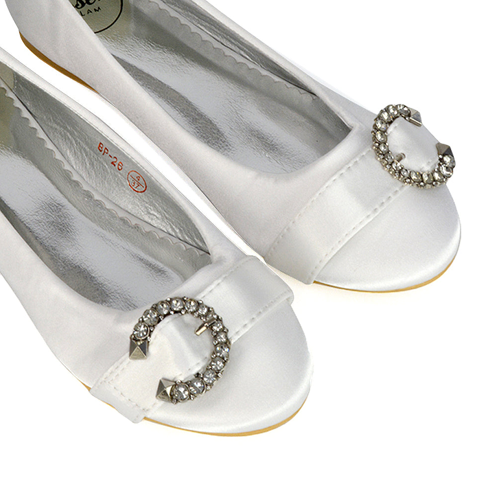 Ferne Diamante Broach Detail Flat Ballerina Bridal Pump Shoes in White Satin