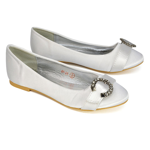 Ferne Diamante Broach Detail Flat Ballerina Bridal Pump Shoes in Ivory Satin