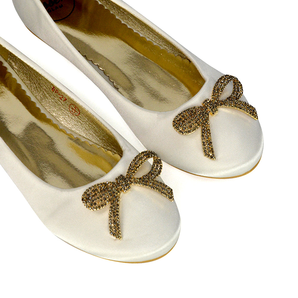 Rory Diamante Bow Flat Slip-on Wedding Bridal Pump Ballerina Shoes in Navy Satin