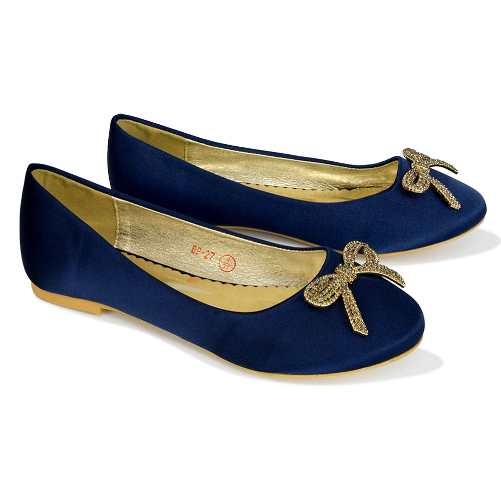 Rory Diamante Bow Flat Slip-on Wedding Bridal Pump Ballerina Shoes in Navy Satin