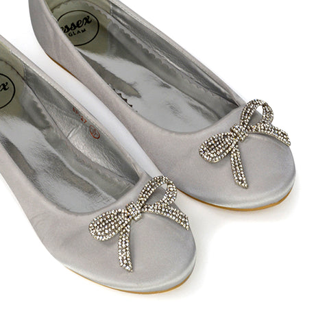 Rory Diamante Bow Flat Slip-on Wedding Bridal Pump Ballerina Shoes in White Satin