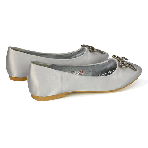 Rory Diamante Bow Flat Slip-on Wedding Bridal Pump Ballerina Shoes in White Satin