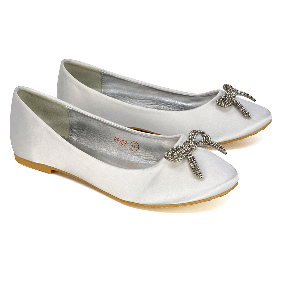 Rory Diamante Bow Flat Slip-on Wedding Bridal Pump Ballerina Shoes in White Satin