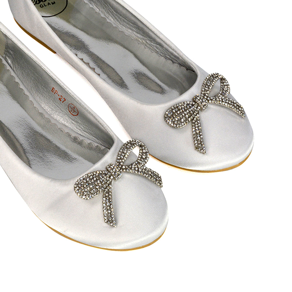 Rory Diamante Bow Flat Slip-on Wedding Bridal Pump Ballerina Shoes in Black Satin