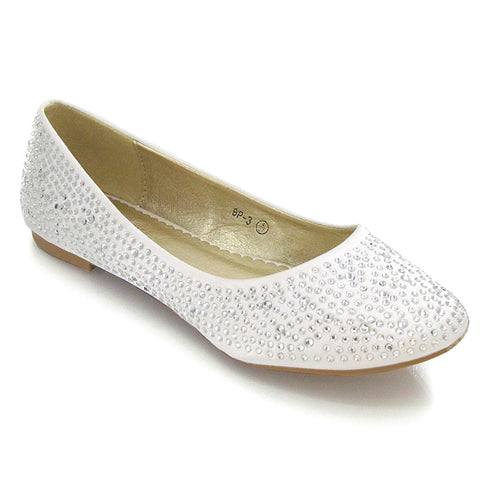 CINDERELLA SPARKLY CRYSTAL DIAMANTE FLAT PUMPS BRIDAL BALLERINA SHOES IN WHITE SATIN