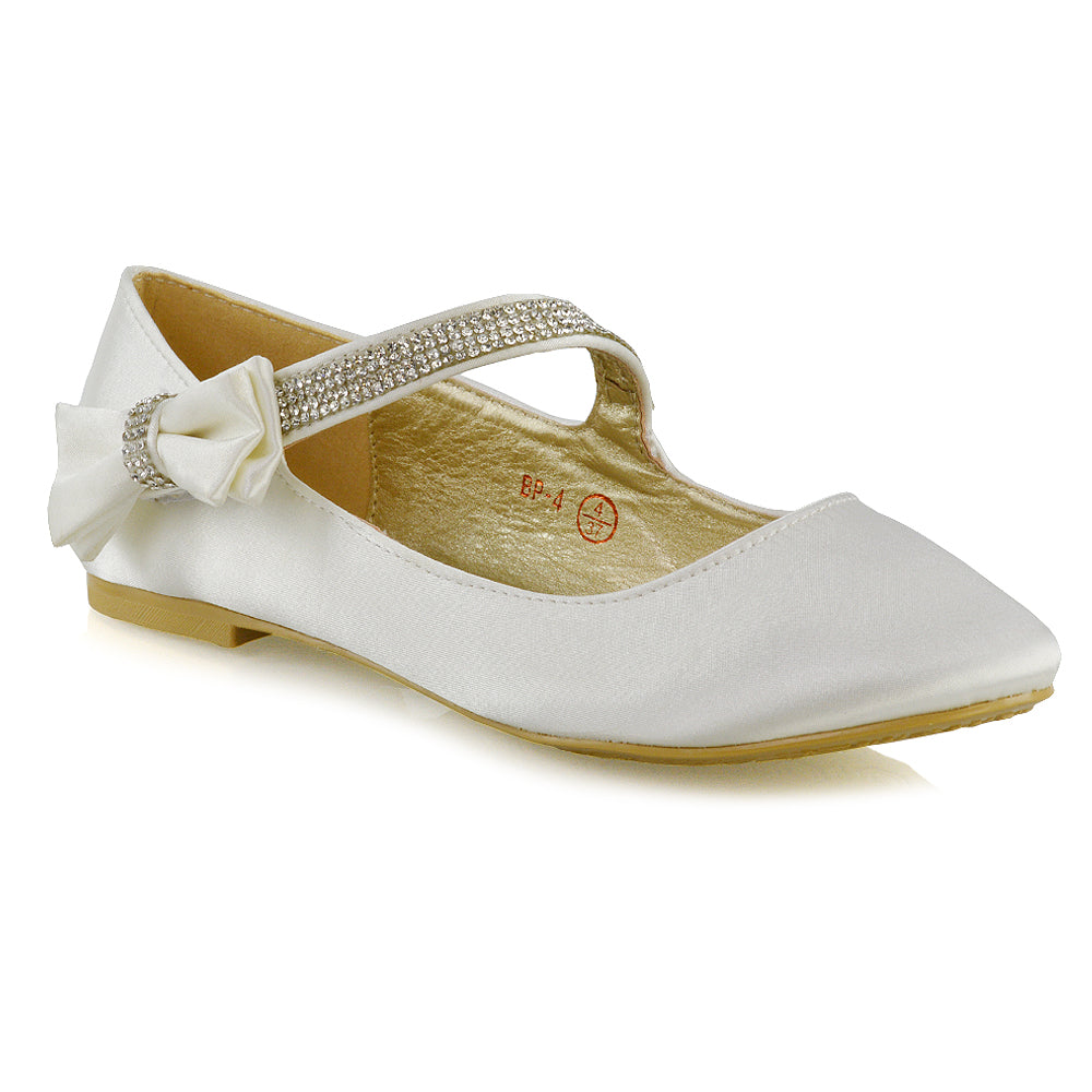 Poppy-Faye Embellished Bow Detail Diamante Strap Wedding Pumps Flat Bridal Shoes in White Satin