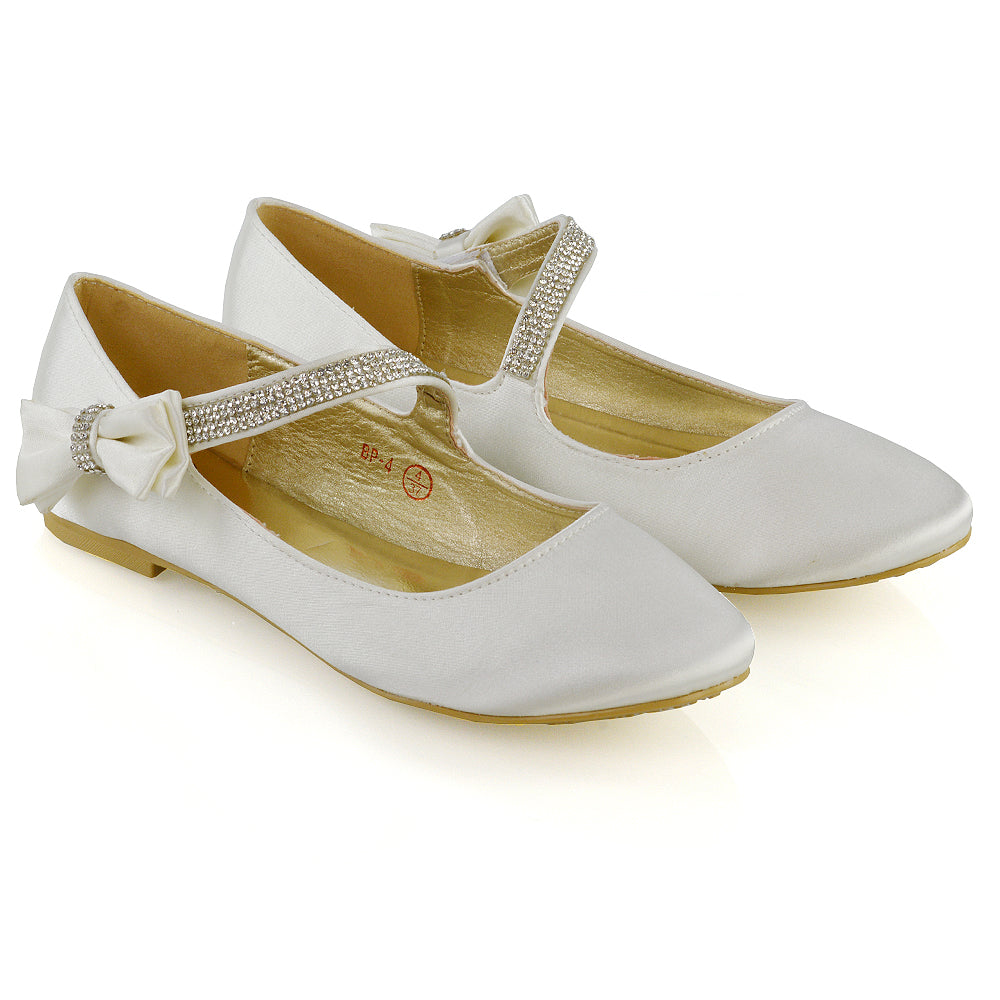 Poppy-Faye Embellished Bow Detail Diamante Strap Wedding Pumps Flat Bridal Shoes in White Satin