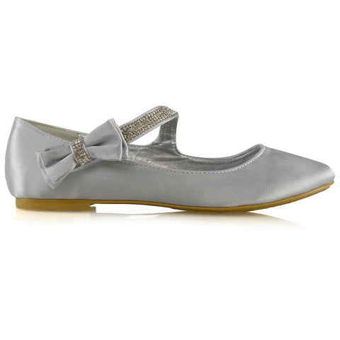 Poppy-Faye Embellished Bow Detail Diamante Strap Wedding Pumps Flat Bridal Shoes in White Satin