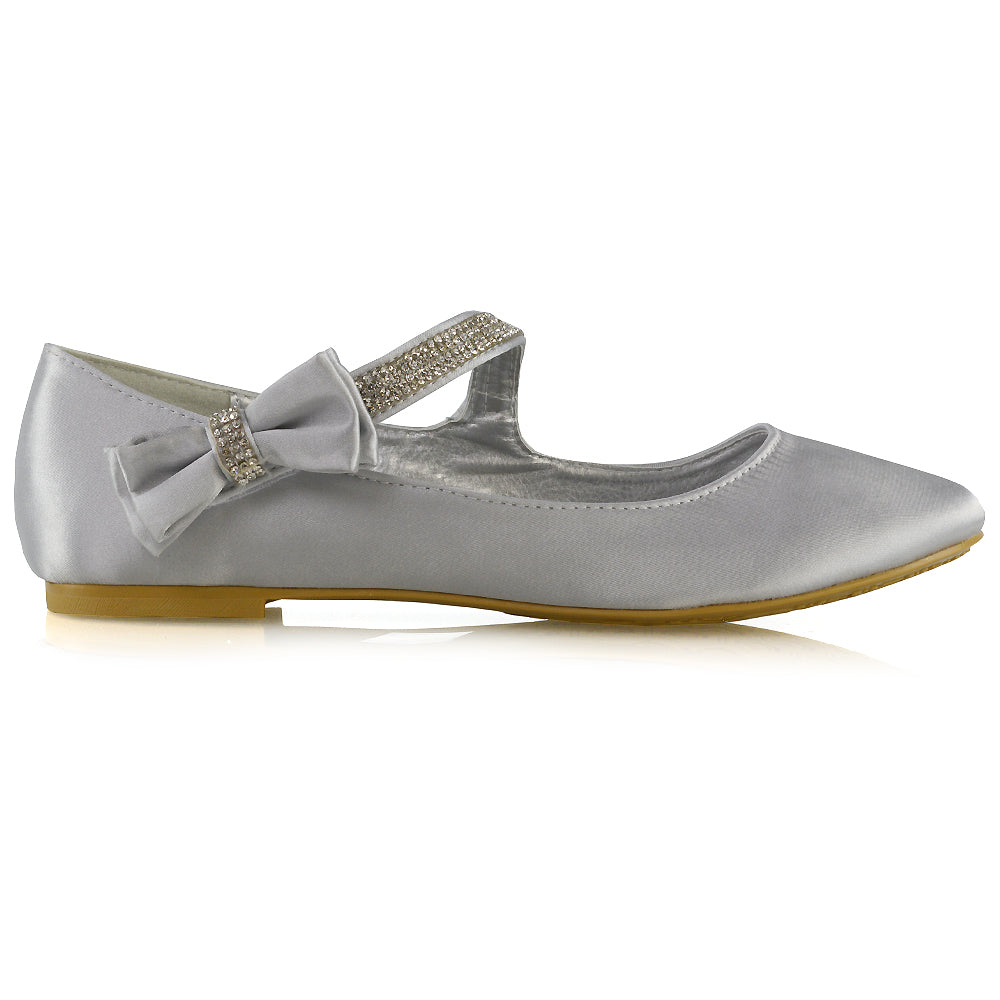 Poppy-Faye Embellished Bow Detail Diamante Strap Wedding Pumps Flat Bridal Shoes in White Satin