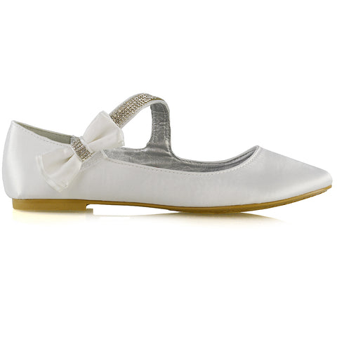 Poppy-Faye Embellished Bow Detail Diamante Strap Wedding Pumps Flat Bridal Shoes in White Satin