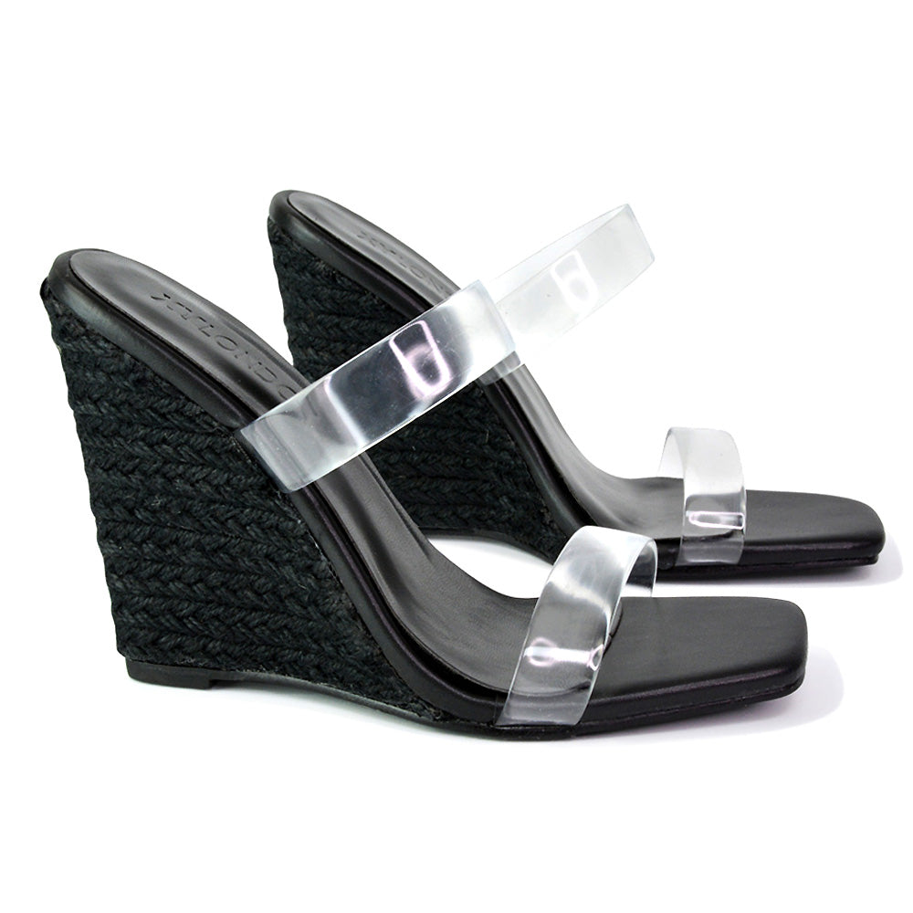 Shea Perspex Strappy Square Toe Espadrilles Wedge High Heel Sandals in Black