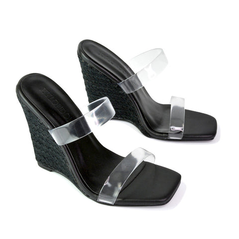 Shea Perspex Strappy Square Toe Espadrilles Wedge High Heel Sandals in Black
