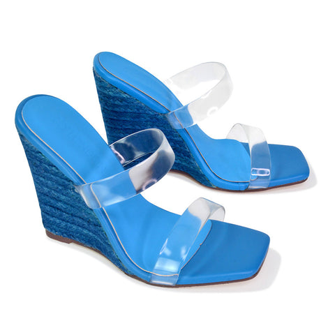 Shea Perspex Strappy Square Toe Espadrilles Wedge High Heel Sandals in Blue