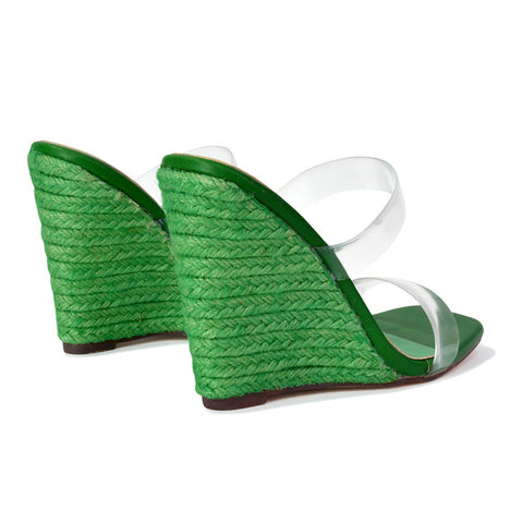 Shea Perspex Strappy Square Toe Espadrilles Wedge High Heel Sandals in Green