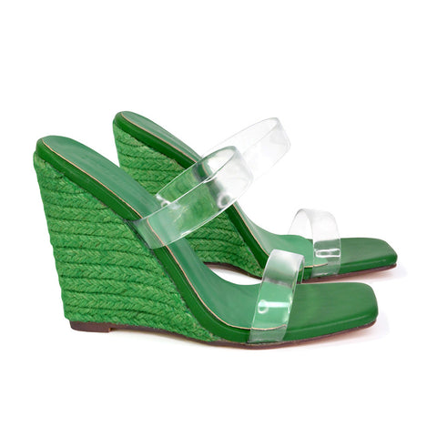 Shea Perspex Strappy Square Toe Espadrilles Wedge High Heel Sandals in Green