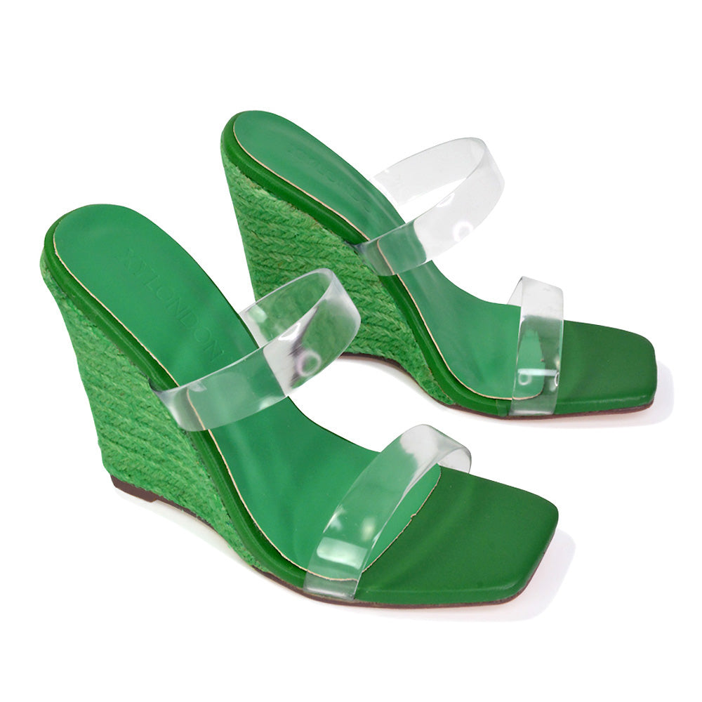 Shea Perspex Strappy Square Toe Espadrilles Wedge High Heel Sandals in Green