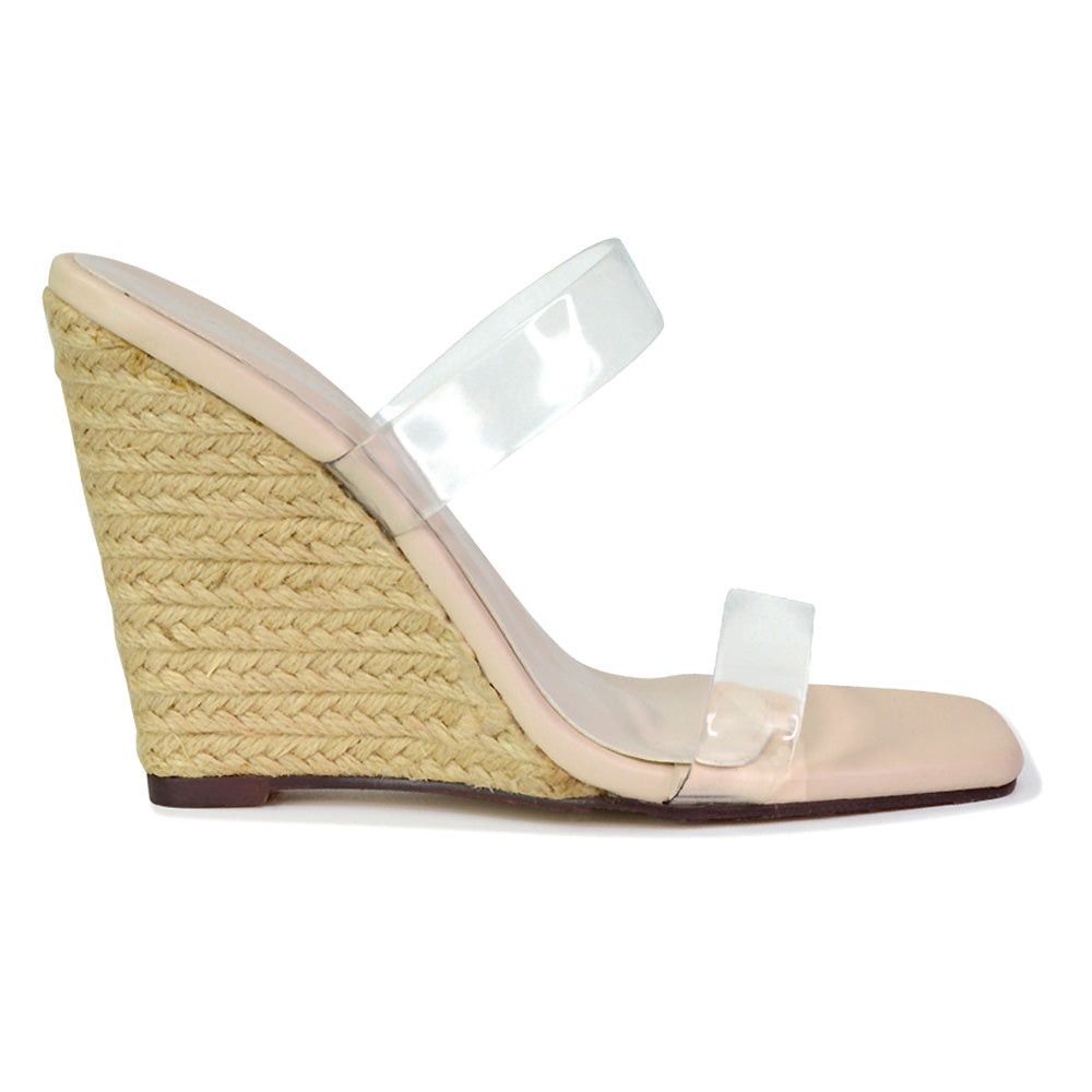 Shea Perspex Strappy Square Toe Espadrilles Wedge High Heel Sandals in Pink