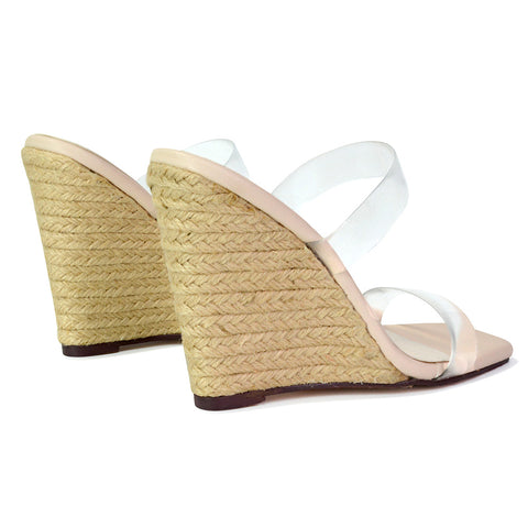 Shea Perspex Strappy Square Toe Espadrilles Wedge High Heel Sandals in Nude