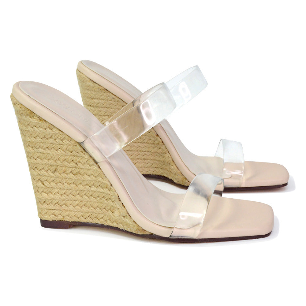 Shea Perspex Strappy Square Toe Espadrilles Wedge High Heel Sandals in Nude