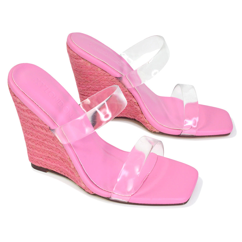 Shea Perspex Strappy Square Toe Espadrilles Wedge High Heel Sandals in Pink