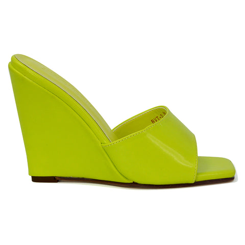 Otis Slip On Square Toe Wedge High Heeled Mule Summer Sandal Slides in Yellow