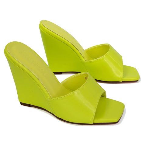 Otis Slip On Square Toe Wedge High Heeled Mule Summer Sandal Slides in Light Green