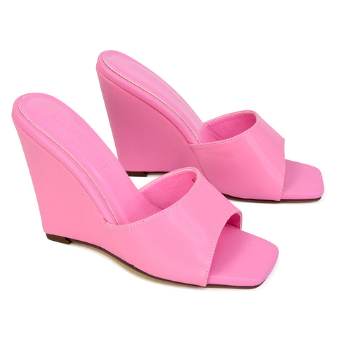 Otis Slip On Square Toe Wedge High Heeled Mule Summer Sandals in Pink