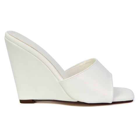 Otis Slip On Square Toe Wedge High Heeled Mule Summer Sandals in White