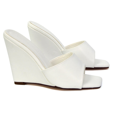 Otis Slip On Square Toe Wedge High Heeled Mule Summer Sandals in White