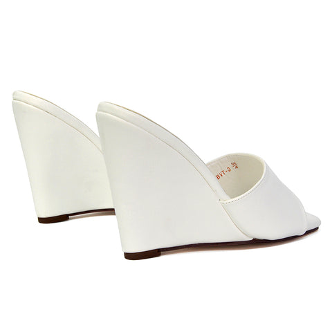 Otis Slip On Square Toe Wedge High Heeled Mule Summer Sandals in White